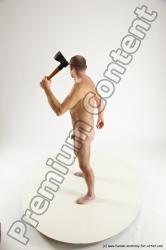 Nude Fighting with axe Man White Slim Short Brown Multi angles poses Realistic